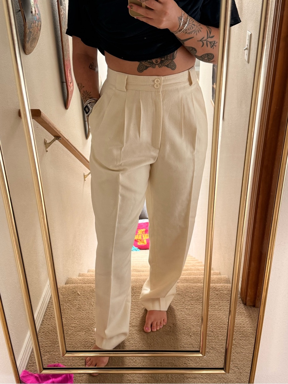 High-Waist 100% Wool Cream Pleated Women’s Trousers